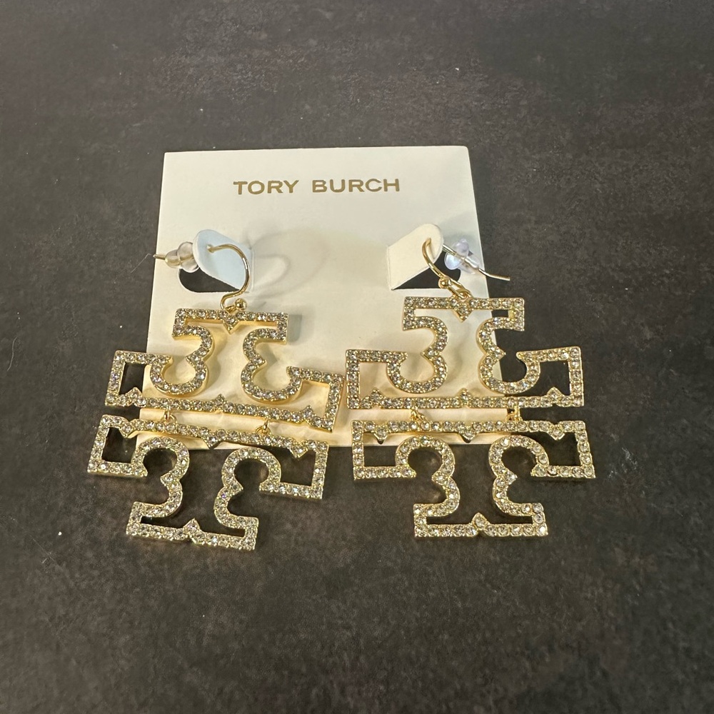 Tory Burch Double Logo Crystal Drop Earrings – NEW